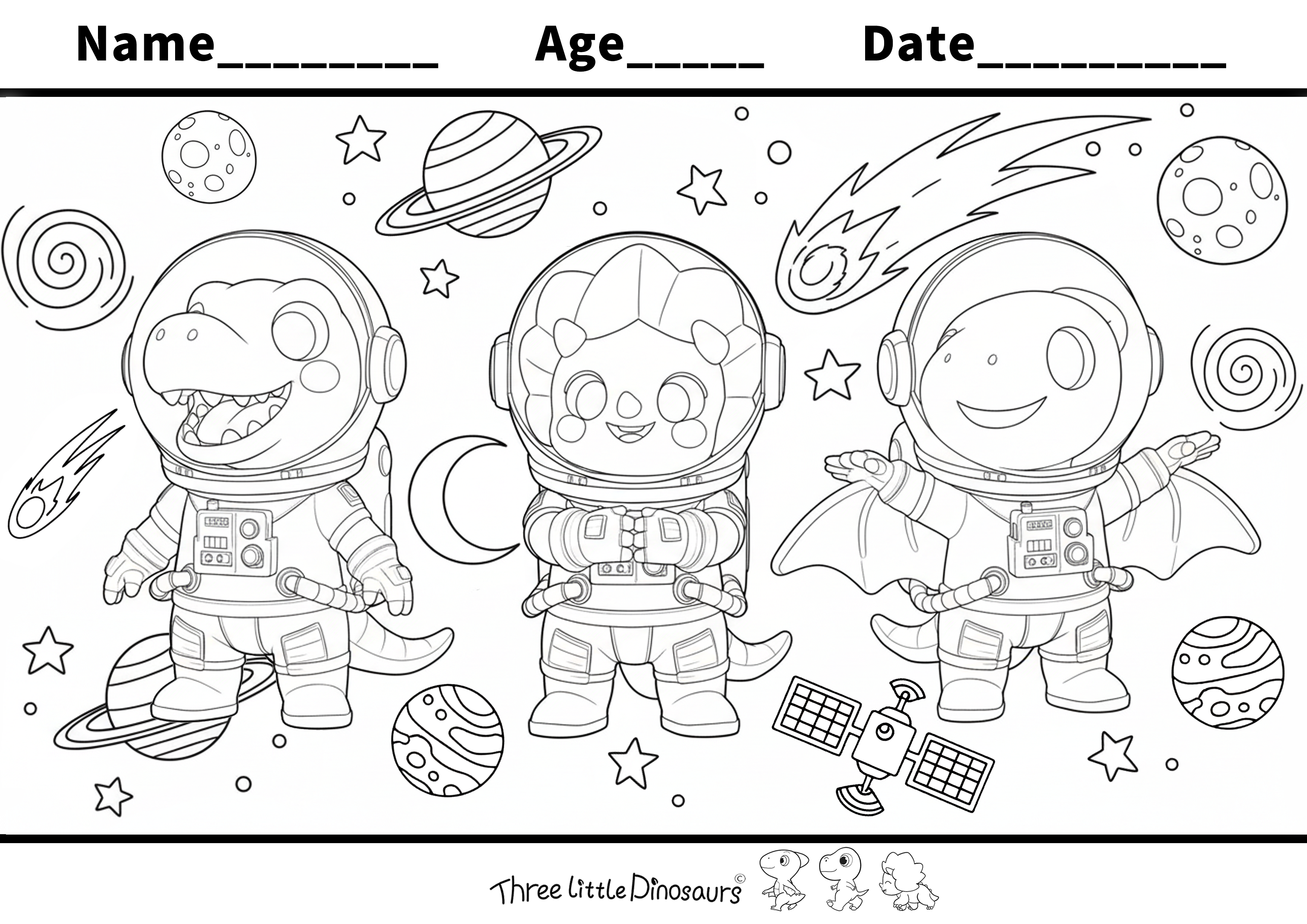 Space Dino Astronauts – Free Coloring Page for Kids
