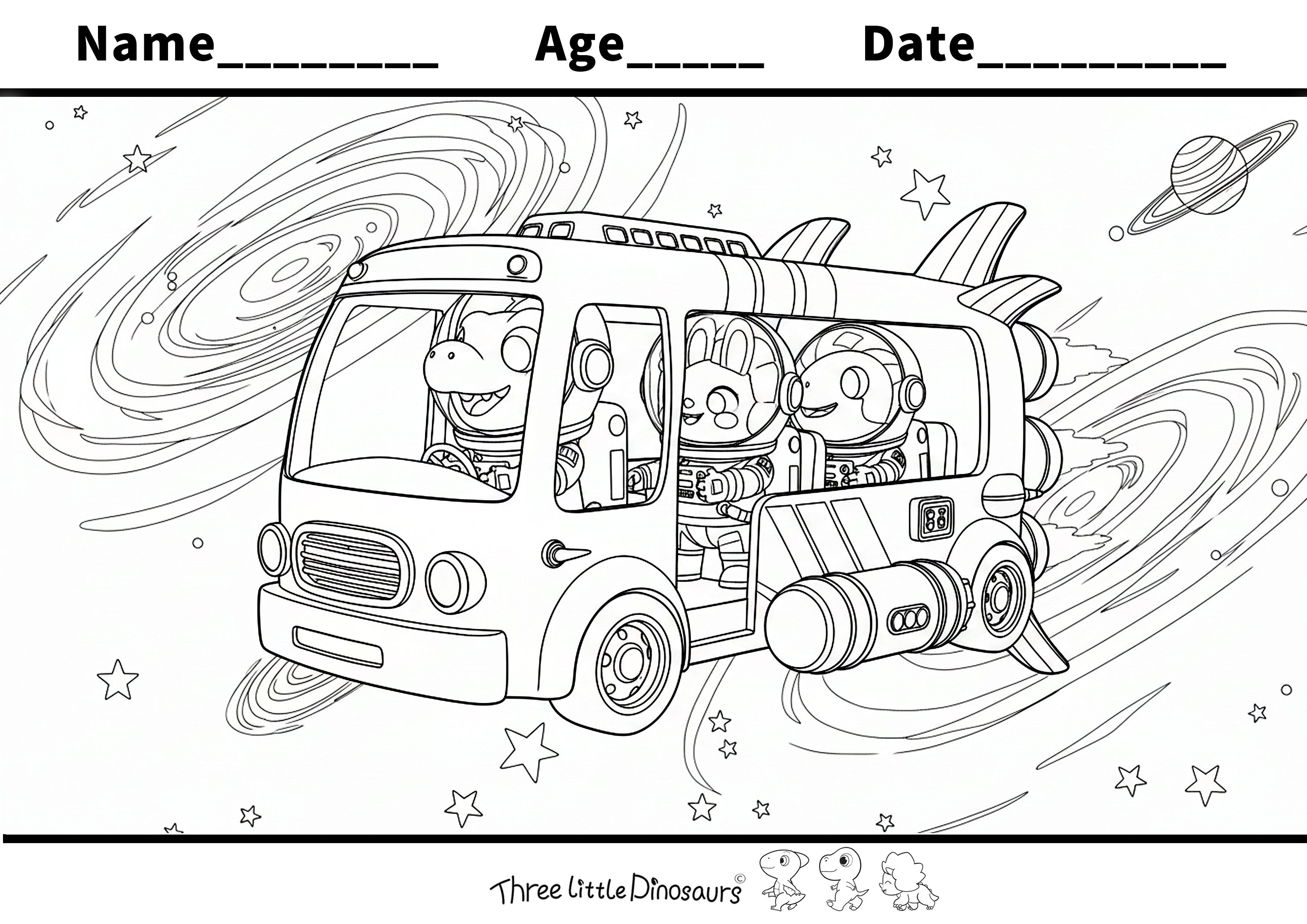 Dino Space Bus – Free Outer Space Coloring Page for Kids