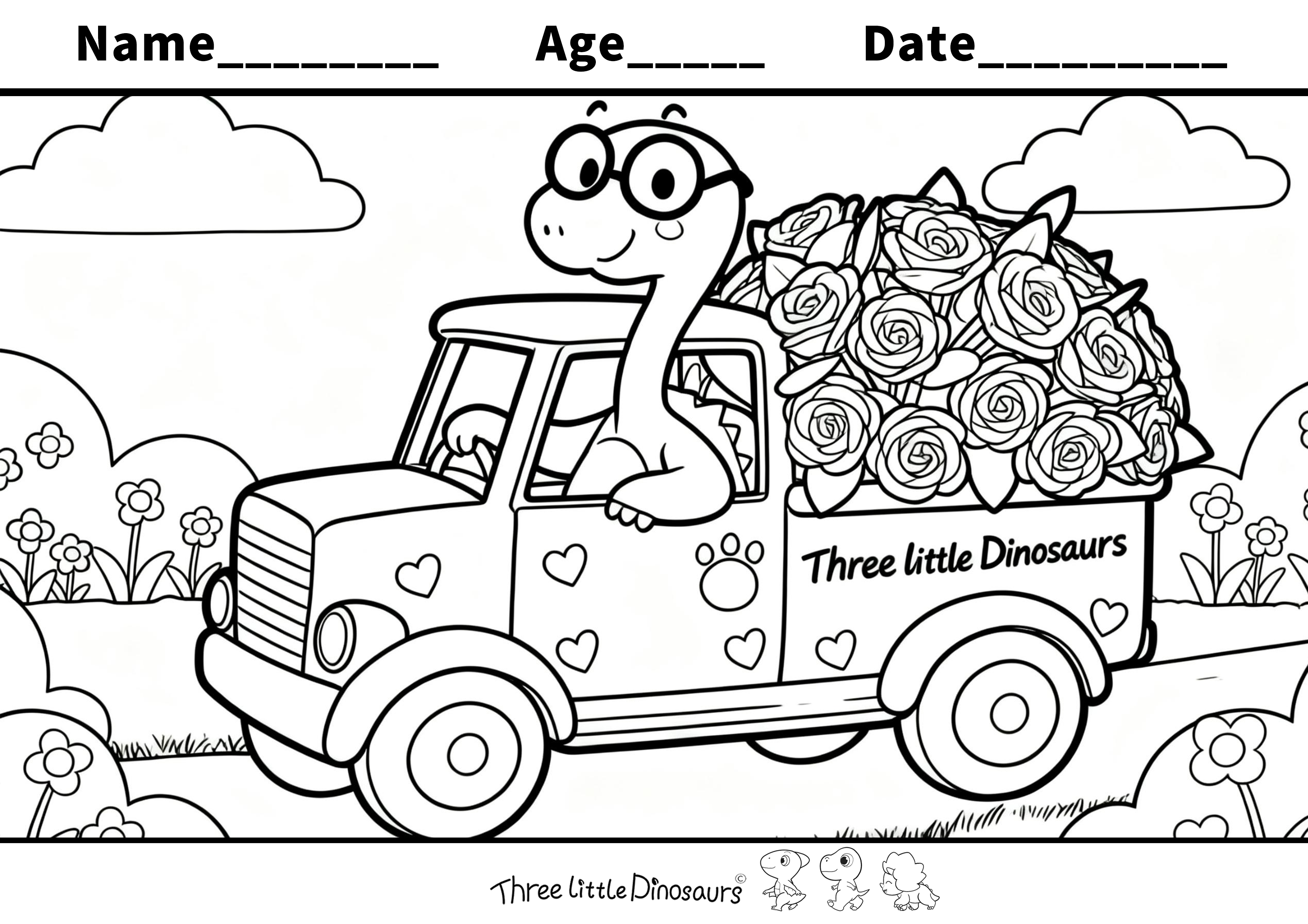 Dino Flower Truck – Free Valentine's Day Coloring Page for Kids