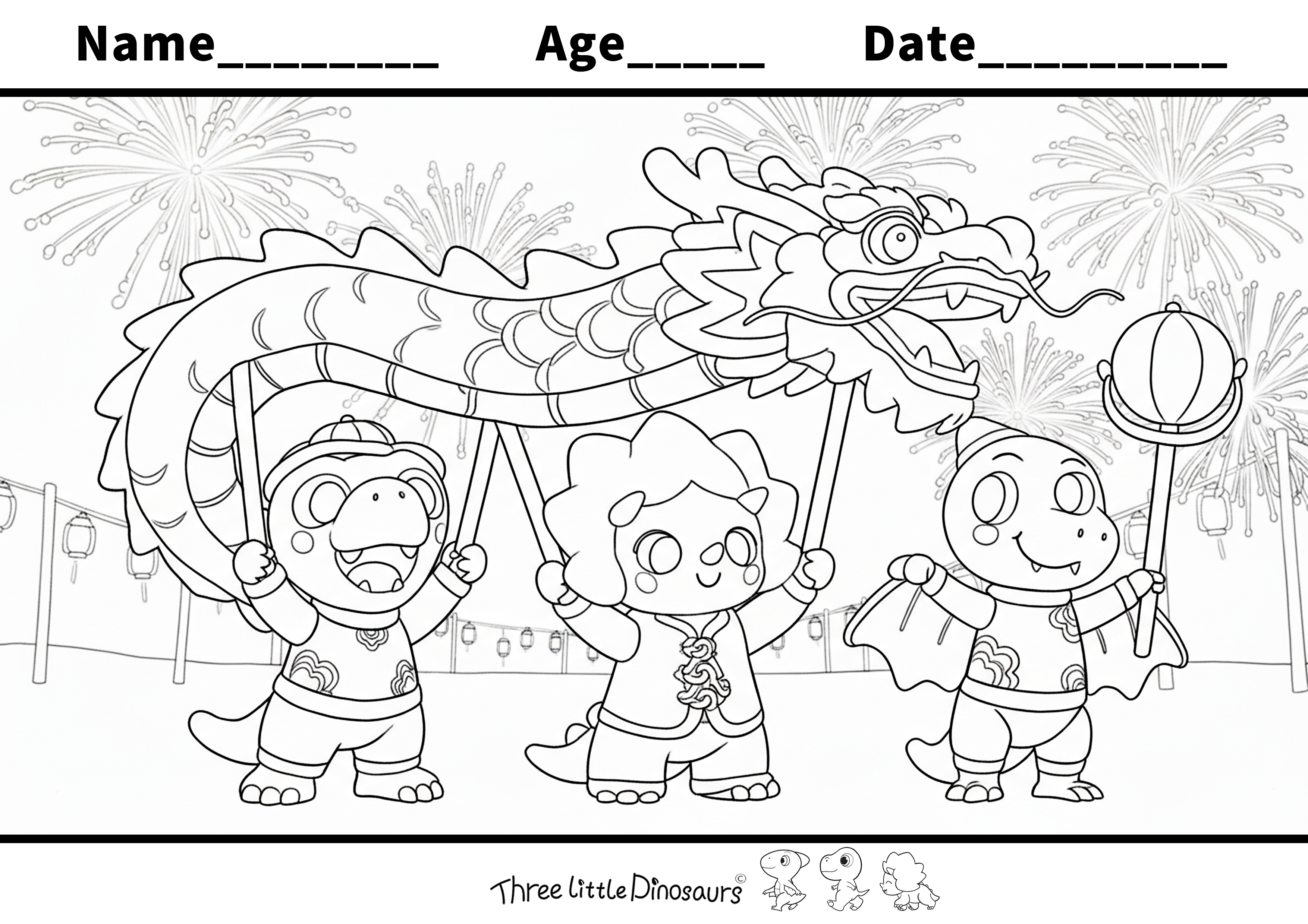 Dino Dragon Dance – Free Chinese New Year Coloring Page for Kids