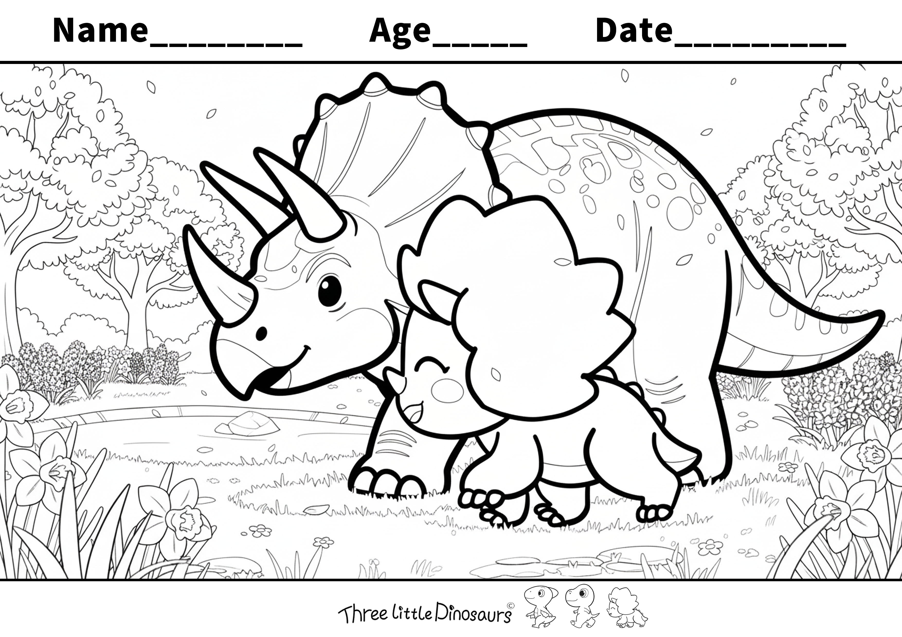 Springtime Triceratops – Free Coloring Page for Kids